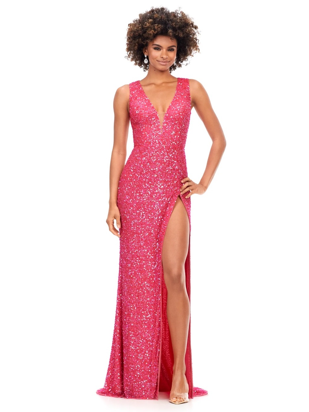Sequin V-Neck High-Slit Prom Gown in Fuchsia Pink